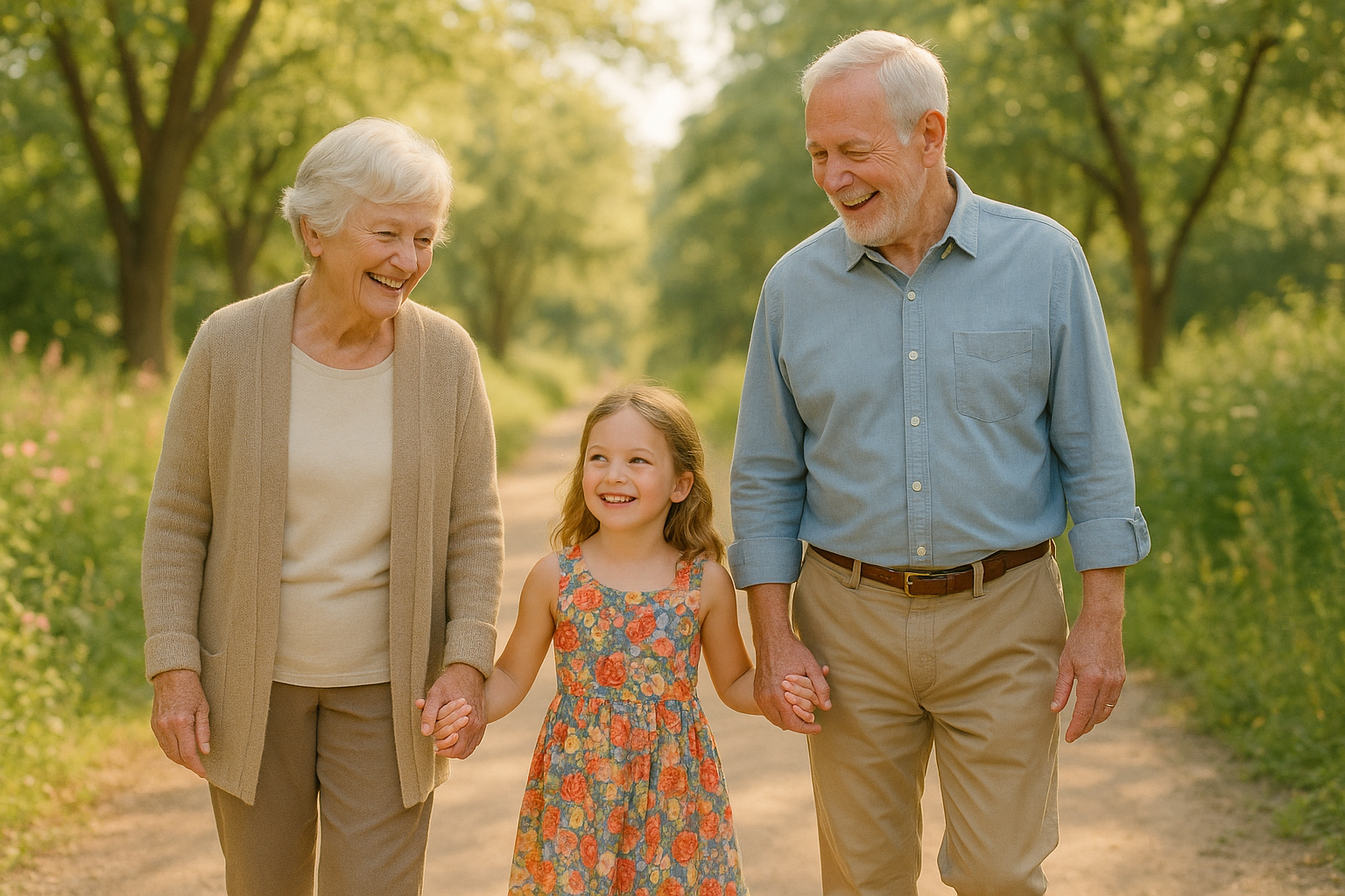 2 grandparents walking their granddaughter outdoors 1:1 ratio